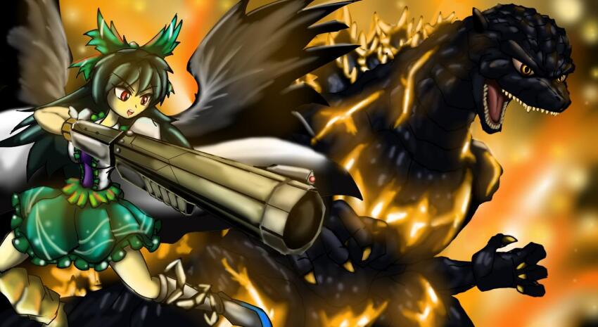 1girl aiming arm_cannon asymmetrical_footwear bird_girl black_hair bow burning_godzilla cape crossover dinosaur fire giant giant_monster glowing godzilla godzilla_(series) godzilla_vs._destoroyah green_bow green_skirt hair_bow hanuma_(19841996) jaw kaiju long_hair looking_to_the_side m.u.g.e.n open_mouth red_eyes reiuji_utsuho skirt spines toho touhou weapon wings