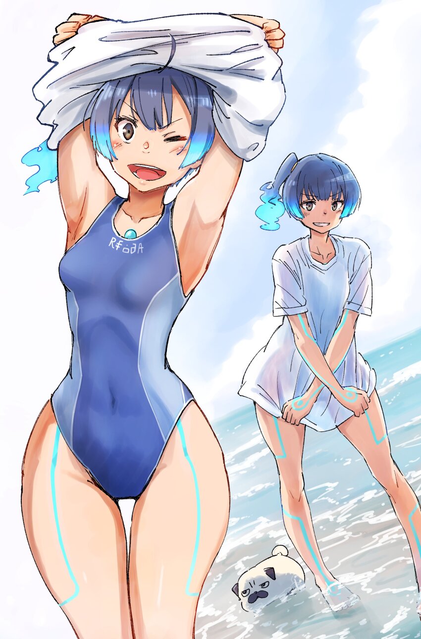 1girl ;d absurdres alternate_costume barefoot beach blue_hair breasts brown_eyes chest_jewel clothes_lift commentary_request competition_swimsuit covered_navel fiery_hair glowing_lines glowing_markings highres looking_at_viewer nemimin one-piece_swimsuit one_eye_closed open_mouth pug sena_(xenoblade) shirt shirt_lift side_ponytail small_breasts smile swimsuit thighs undressing white_shirt xenoblade_chronicles_(series) xenoblade_chronicles_3