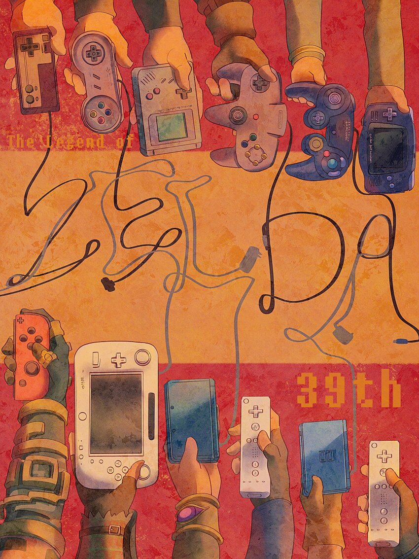 6+boys absurdres anniversary annotation_request bracelet brown_gloves commentary_request controller copyright_name copyright_request fingerless_gloves game_boy game_boy_advance game_controller gamecube_controller gloves handheld_game_console highres holding holding_controller holding_handheld_game_console jewelry joy-con link long_sleeves multiple_boys multiple_persona nasagina nes_gamepad nintendo nintendo_3ds nintendo_64_controller nintendo_ds orange_background out_of_frame red_background super_nintendo_controller the_legend_of_zelda the_legend_of_zelda:_a_link_between_worlds the_legend_of_zelda:_a_link_to_the_past the_legend_of_zelda:_breath_of_the_wild the_legend_of_zelda:_link&#039;s_awakening the_legend_of_zelda:_ocarina_of_time the_legend_of_zelda:_skyward_sword the_legend_of_zelda:_tears_of_the_kingdom the_legend_of_zelda:_the_minish_cap the_legend_of_zelda:_the_wind_waker the_legend_of_zelda:_twilight_princess the_legend_of_zelda_(nes) two-tone_background wii_remote wii_u_gamepad