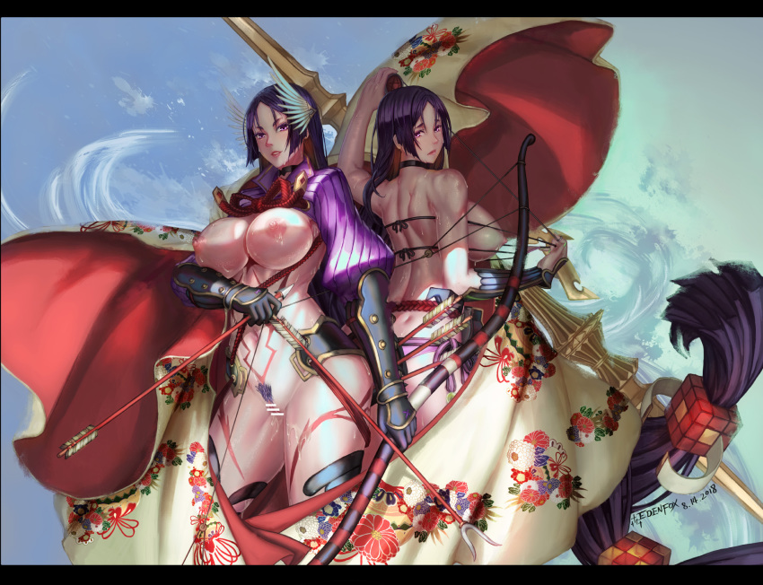 2girls arrow_(projectile) back bar_censor bikini bow_(weapon) breasts censored edenfox fate/grand_order fate_(series) female_pubic_hair gauntlets highres holding holding_weapon large_breasts long_hair looking_at_viewer minamoto_no_raikou_(fate) minamoto_no_raikou_(fate/grand_order) minamoto_no_raikou_(swimsuit_lancer)_(fate) multiple_girls nipples pubic_hair purple_eyes purple_hair pussy pussy_juice sweat swimsuit thighs very_long_hair weapon