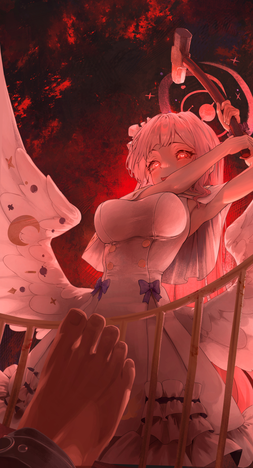 1boy 1girl absurdres armpits barefoot blue_archive blush breasts cape cuffs dress feathered_wings hair_between_eyes hair_ornament hair_scrunchie hammer heart heart-shaped_pupils highres holding holding_hammer large_breasts mika_(blue_archive) on_bed open_mouth phoebe_(user_vvpf4584) pink_eyes pink_hair scrunchie shackles sidelocks symbol-shaped_pupils white_cape white_dress wings