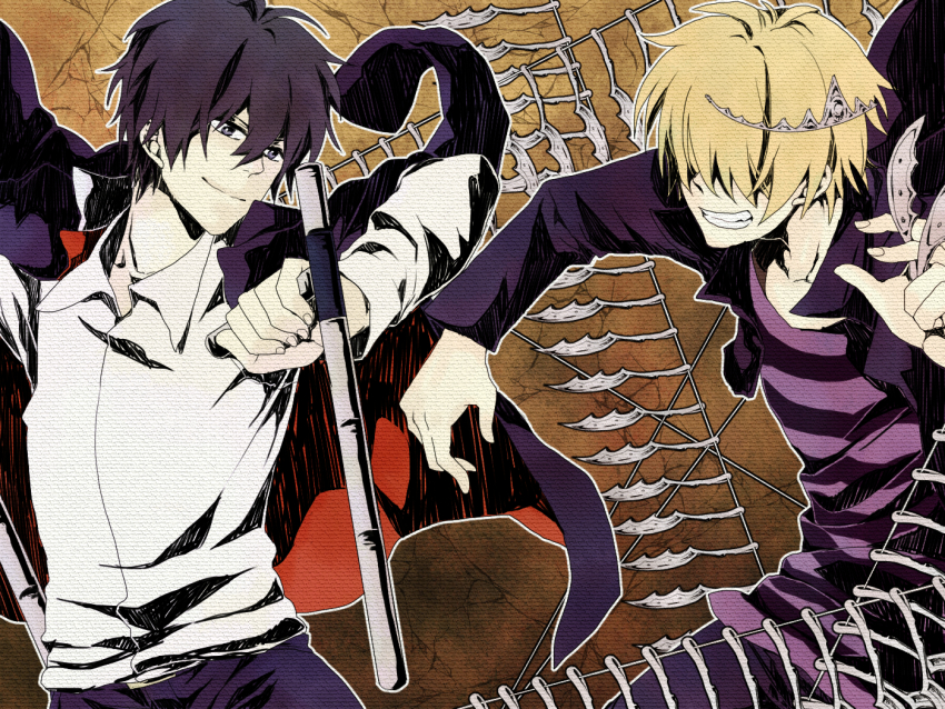 2boys belphegor_(reborn) black_hair blonde_hair closed_mouth commentary_request grin hair_over_eyes hibari_kyouya katekyo_hitman_reborn! male_focus multiple_boys shirt smile striped_clothes striped_shirt tiara