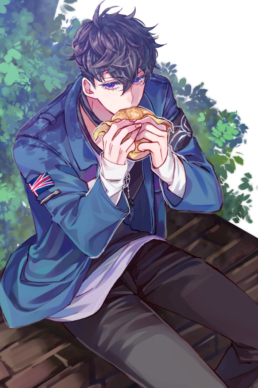 1boy absurdres bench black_hair black_pants black_shirt black_vest blue_jacket bush eating food from_above hair_behind_ear hair_between_eyes highres holding holding_food jacket jewelry necklace nijisanji nijisanji_id pants purple_eyes reza_avanluna sandwich shirt sitting solo union_jack vest virtual_youtuber white_shirt yaku_(999ykseo)