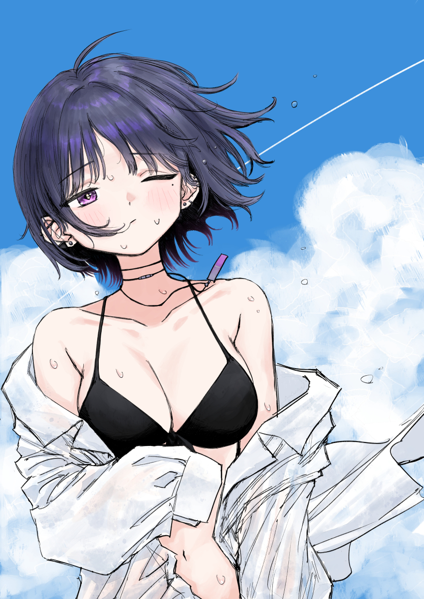 1girl absurdres bikini bikini_under_clothes black_bikini blue_hair breasts cleavage highres jewelry koshimizu_toru long_sleeves mole mole_under_eye navel necklace nijisanji one_eye_closed outdoors purple_eyes shirt short_hair sky solo sweat swimsuit swimsuit_under_clothes takotsubo_asase virtual_youtuber white_shirt