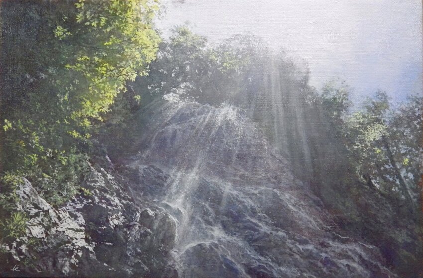 absurdres bush day forest from_below grass highres hill morning naohiro_ito nature no_humans original painting_(medium) shadow sunlight traditional_media tree_shade water waterfall