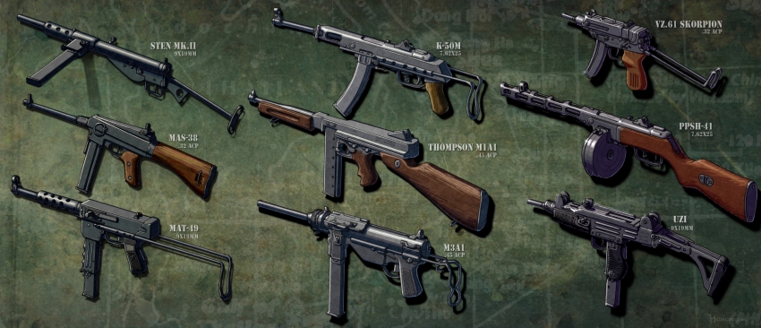 barrel_shroud cold_war commentary drum_magazine english_commentary folding_stock green_background gun highres hoborginc k-50m m3_submachine_gun magazine_(weapon) map map_background mas-38 mat-49 no_humans original personal_defense_weapon place_name ppsh-41 skorpion_vz._61 sten_gun still_life submachine_gun thompson_submachine_gun uzi vietnam_war vietnamese_text weapon weapon_focus weapon_name