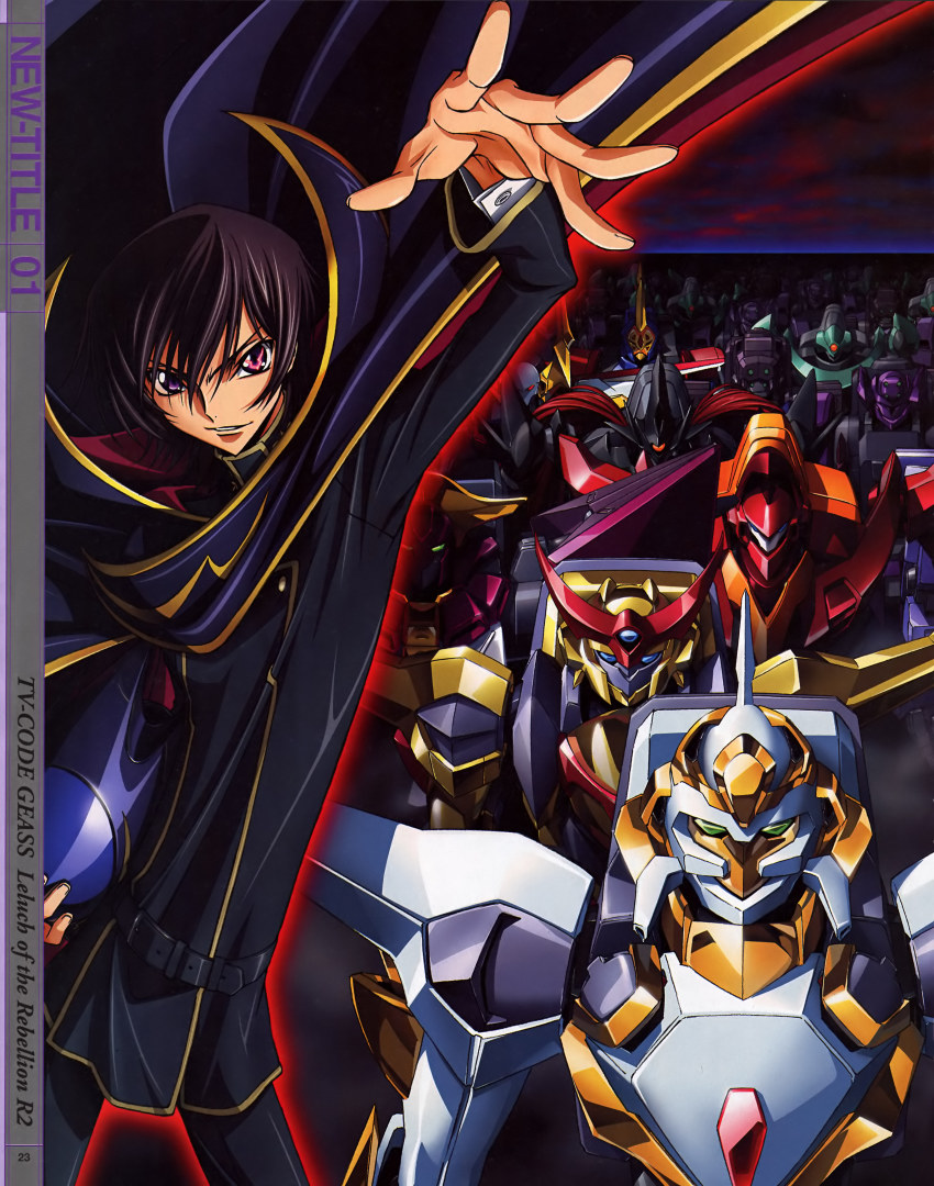 1boy absurdres black_hair burai_(code_geass) code_geass gekka_(code_geass) gloucester_(code_geass) guren_(code_geass) guren_mk-ii highres kimura_takahiro lancelot_(code_geass) lancelot_z-01 lelouch_vi_britannia male_focus mecha nakata_eiji official_art purple_eyes robot school_uniform shen_hu_(code_geass) solo tristan_(code_geass) vincent_(code_geass)