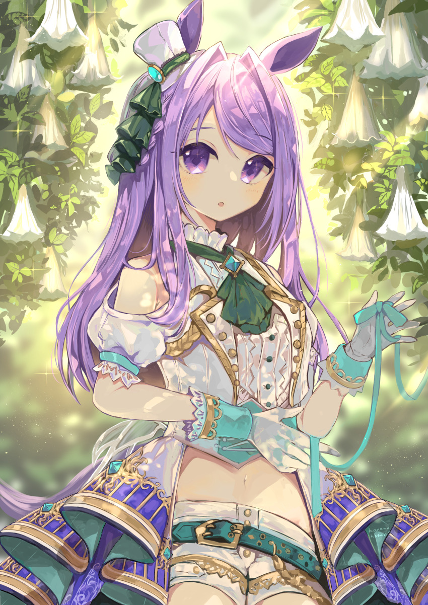 1girl :o absurdres animal_ears aqua_belt aqua_ribbon bare_shoulders blurry blurry_background brooch center_frills clothing_cutout commentary cowboy_shot cropped_jacket cropped_shirt day depth_of_field flower frills gloves harunohotaru hat high_collar highres holding holding_ribbon horse_ears horse_girl jacket jewelry long_hair looking_at_viewer mejiro_mcqueen_(end_of_sky)_(umamusume) mejiro_mcqueen_(umamusume) midriff mini_hat mini_top_hat navel official_alternate_costume outdoors overskirt parted_lips purple_eyes purple_hair ribbon shirt short_shorts shorts shoulder_cutout solo standing swept_bangs tilted_headwear top_hat umamusume white_flower white_gloves white_hat white_jacket white_shirt white_shorts