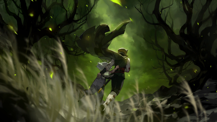 1boy 1girl artist_request blue_overalls cape check_artist ein_lee father_and_daughter from_behind game_cg highres non-web_source overalls short_hair tevi tevi_(character) walking white_hair zema_(tevi)