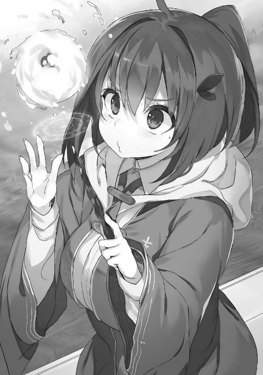 absurdres ahoge black_hair breasts bursting_breasts buta_koushaku hair_ornament highres holding holding_wand hooded_robe large_breasts magic nauribon non-web_source ponytail red_robe robe school_uniform short_hair short_ponytail skirt tina(buta_koushaku) wand