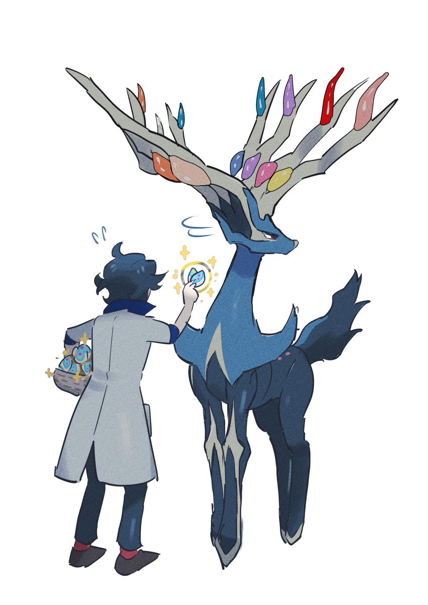 absurdres antlers professor_sycamore basket black_hair cookie food full_body gen_6_pokemon highres holding holding_basket horns lab_coat legendary_pokemon looking_to_the_side male_focus meiji_(meijihoney) nintendo pokemon pokemon_(creature) pokemon_xy simple_background white_background xerneas