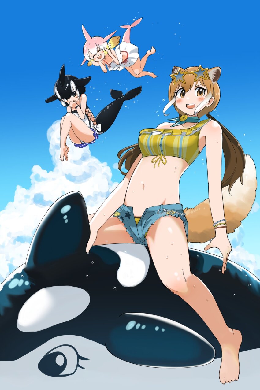3girls alternate_costume animal_ears bare_legs bare_shoulders barefoot bikini bikini_skirt bikini_under_shorts black_hair black_one-piece_swimsuit blowhole blue_scarf blush brown_hair cetacean_tail chinese_white_dolphin_(kemono_friends) closed_eyes denim denim_shorts dolphin_girl dorsal_fin extra_ears eyewear_on_head fins fish_tail frilled_one-piece_swimsuit frills hair_between_eyes head_fins highres inflatable_orca inflatable_toy iwa_(iwafish) kemono_friends kemono_friends_3 long_hair midair midriff multicolored_hair multiple_girls navel one-piece_swimsuit open_mouth orange_eyes orange_hair orca_(kemono_friends) pink_hair pleated_skirt scarf short_hair short_shorts short_twintails shorts sidelocks skirt sleeveless smile star-shaped_eyewear star_(symbol) swimsuit tail twintails two-tone_hair white_bikini white_hair white_one-piece_swimsuit white_skirt wolf_ears wolf_girl wolf_tail yellow_bikini