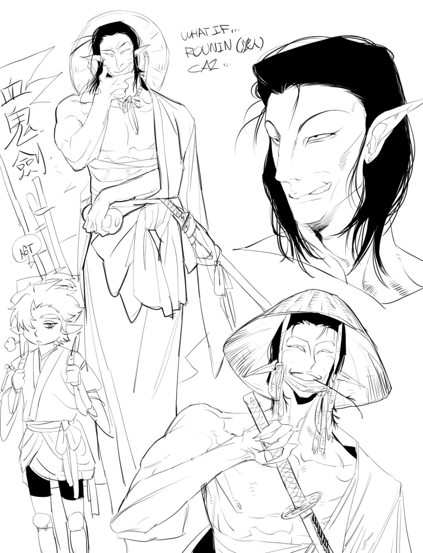 2boys aged_down alternate_costume asian astarion baldur&#039;s_gate baldur&#039;s_gate_3 cazador_szarr dungeons_&amp;_dragons dungeons_&amp;_dragons english_text gev greyscale hat highres japanese_clothes katana medium_hair monochrome mouth_hold multiple_boys multiple_views narrowed_eyes rice_hat ronin samurai sketch smile stalk_in_mouth sword toned toned_male tongue tongue_out weapon