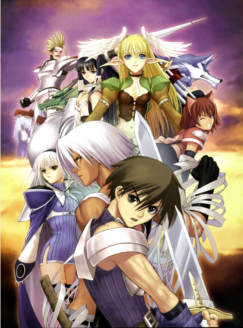 3boys 4girls absurdres animal_ears armlet armor bandages black_eyes black_hair blanc_neige blonde_hair blouse blue_eyes blue_shirt blue_skirt bracelet breasts breasts_apart brother_and_sister cape cat_ears centaur cheiron choker cleavage colored_skin dark-skinned_male dark_skin dress elf elwing everyone fang fang_out faulds feathers green_skin hair_between_eyes hairband half-closed_eyes hat head_wings highres holding holding_sword holding_weapon jewelry keiner long_hair mao_(shining_tears) midriff multiple_boys multiple_girls one_eye_closed outdoors pauldrons pink_sash pointy_ears popped_collar razalus red_eyes red_hair ryuna ryuuna_(shining_tears) sash scan sega shining_(series) shining_tears shirt short_dress shoulder_armor siblings skirt spiked_bracelet spiked_hair spikes standing sword taur thighhighs thighs tony_taka v-shaped_eyebrows volg weapon white_hair white_hat wings wink wolf xion