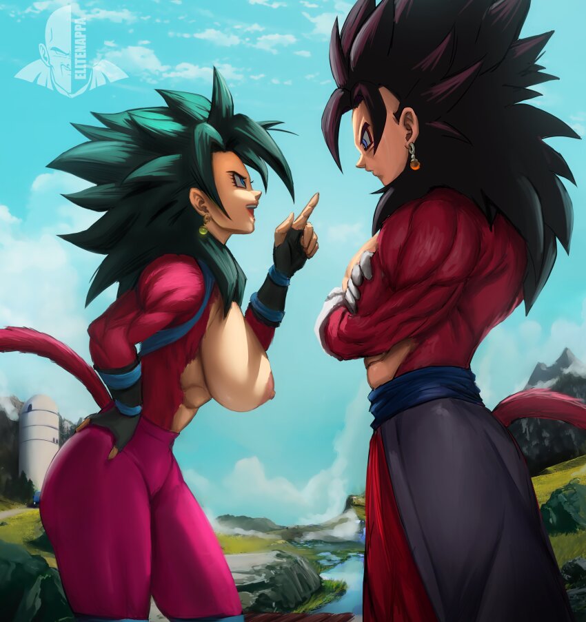 1boy 1girl absurdres black_hair breasts dragon_ball dragon_ball_heroes dragon_ball_super earrings elite_nappa hand_on_own_hip highres jewelry kefla_(dragon_ball) large_breasts muscular muscular_male nipples novasayajingoku potara_earrings red_fur super_dragon_ball_heroes super_saiyan super_saiyan_4 thick_thighs thighs topless_female vegetto vegetto_(xeno) wide_hips