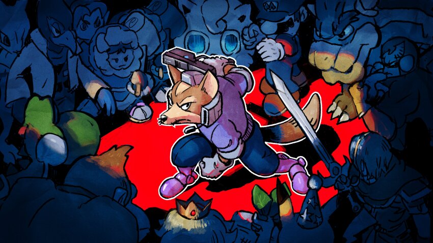 3girls 6+boys absurdres bowser captain_falcon clenched_hand commentary creatures_(company) donkey_kong donkey_kong_(series) english_commentary facial_hair falco_lombardi fire_emblem fox_mccloud furry game_freak gen_1_pokemon gloves gun hat helmet highres holding holding_gun holding_sword holding_weapon jigglypuff legendary_pokemon link mario mario_(series) marth_(fire_emblem) mewtwo monotheon multiple_boys multiple_girls mustache nana_(ice_climber) nintendo party_hat pikachu pokemon pokemon_(creature) popo_(ice_climber) princess_peach star_fox super_smash_bros. sword the_legend_of_zelda weapon white_gloves yoshi young_link