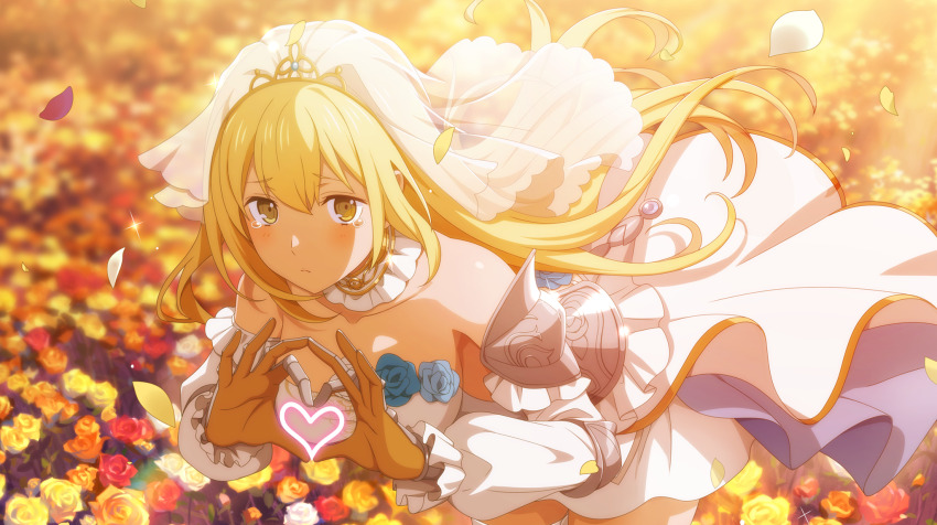 1girl aiz_wallenstein anime_coloring armor bare_shoulders blonde_hair blue_flower blue_rose breasts bridal_veil brown_gloves closed_mouth couter danmachi_battle_chronicle detached_sleeves dress dungeon_ni_deai_wo_motomeru_no_wa_machigatteiru_darou_ka falling_petals field flower flower_field flower_ornament game_cg gloves heart heart_hands highres light_blush long_hair looking_at_viewer medium_breasts non-web_source nontraditional_wedding_dress official_alternate_costume official_art pauldrons petals rose see-through_clothes see-through_veil shoulder_armor single_pauldron solo teardrop veil wedding_dress white_dress white_sleeves white_veil yellow_eyes