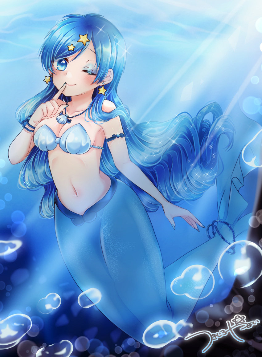 1girl absurdres air_bubble armlet bare_shoulders bikini blue_eyes blue_eyeshadow blue_hair blue_nails blush bracelet breasts bubble cleavage closed_mouth collarbone commentary earrings eyeshadow full_body hair_ornament highres houshou_hanon houshou_hanon_(mermaid) index_finger_raised jewelry light_rays long_hair looking_at_viewer makeup mermaid mermaid_melody_pichi_pichi_pitch monster_girl nail_polish navel necklace one_eye_closed pearl_bracelet shell shell_bikini shell_necklace sidelocks signature smile solo star_(symbol) star_earrings star_hair_ornament stomach tail tail_ornament tsukishiro_yayoi_(yumeir0) underwater