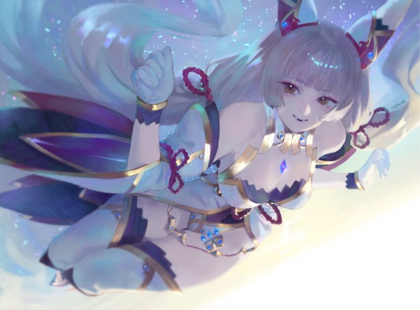 1girl 4444chen absurdres animal_ears blunt_bangs breasts cat_ears chest_jewel detached_sleeves facial_mark fangs film_grain gloves grey_hair highleg highleg_leotard highres leotard long_hair low_twintails nia_(xenoblade) smile solo twintails very_long_hair white_gloves xenoblade_chronicles_(series) xenoblade_chronicles_2 yellow_eyes