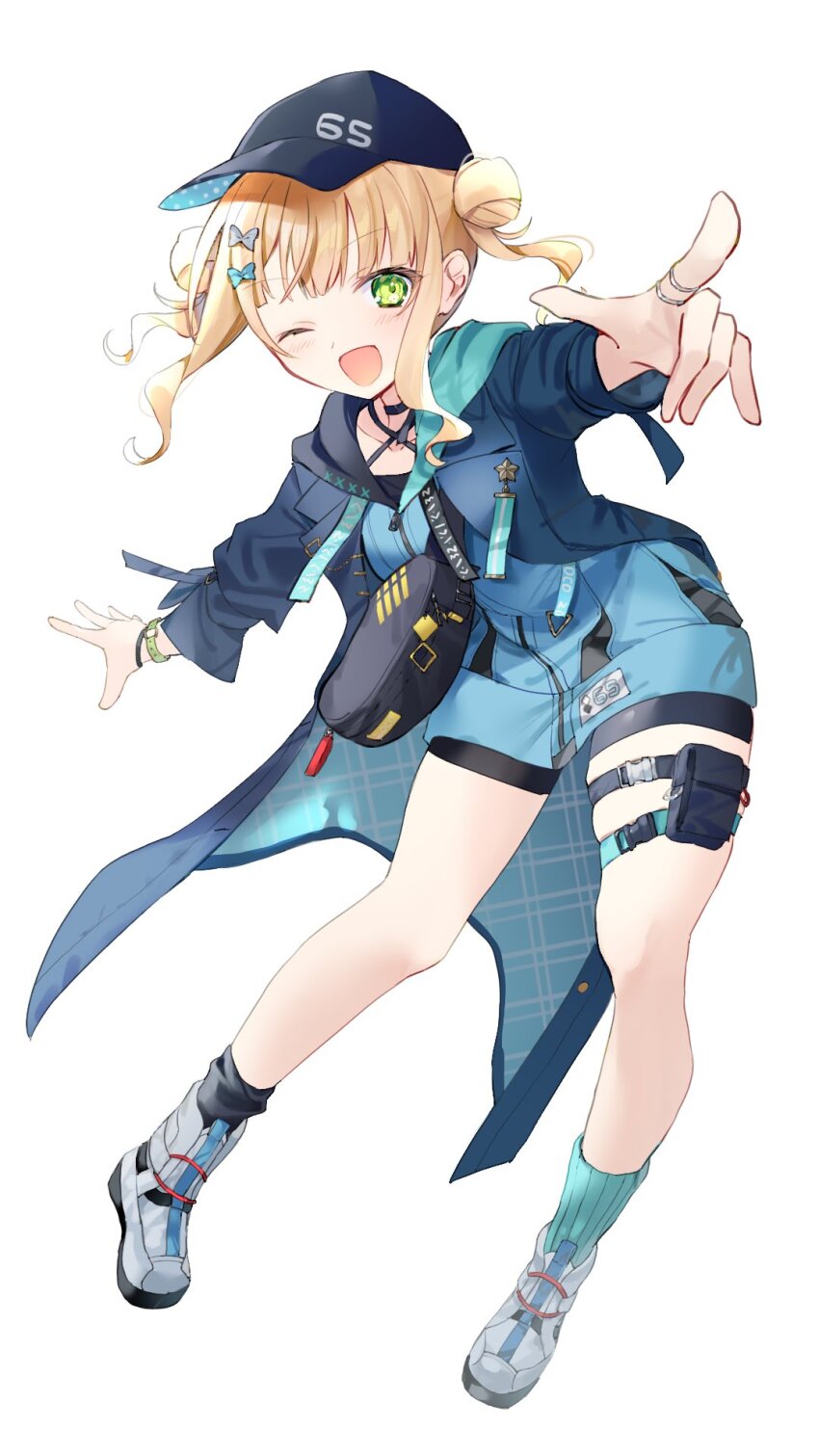 1girl ;d blonde_hair blue_headwear blue_jacket double_bun fanny_pack green_eyes hair_bun highres jacket kaburaki_roco kaburaki_roco_(1st_costume) matsuzaka_(matsuzakagyu_29) medium_hair mismatched_socks nijisanji one_eye_closed open_clothes open_jacket open_mouth shoes sidelocks simple_background smile sneakers solo thigh_strap virtual_youtuber white_background