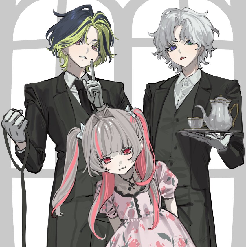 1girl 2boys absurdres black_hair black_necktie black_pants black_suit black_vest brown_hair collared_shirt colored_inner_hair cup curtained_hair dress formal_clothes green_eyes green_hair grey_hair hair_intakes hair_ribbon heterochromia highres holding holding_tray inami_rai index_finger_raised jewelry long_hair looking_at_viewer makaino_ririmu multicolored_hair multiple_boys murakumo_kagetsu necklace necktie nijisanji pants pink_dress pink_hair plate puffy_short_sleeves puffy_sleeves purple_eyes red_eyes ribbon sharp_teeth shirt short_sleeves smile streaked_hair suit teacup teapot teeth tongue tongue_out tray two-tone_hair two_side_up vest wasabi_(d82nsst) white_shirt