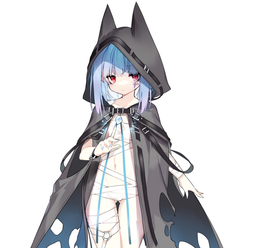 1girl bandaged_leg bandages black_cloak blue_hair blue_nails blush cloak closed_mouth curled_horns facial_mark fake_horns hood hood_up hooded_cloak horns long_hair looking_at_viewer nail_polish navel original pointy_ears red_eyes saru simple_background solo standing torn_cloak torn_clothes white_background