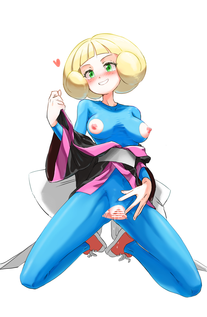 1girl absurdres blonde_hair breasts censored green_eyes greta_(pokemon) heart highres looking_at_viewer nintendo nipples off_shoulder pokemon pokemon_emerald pokemon_rse pussy simple_background solo torn_clothes u4_99384295 white_background