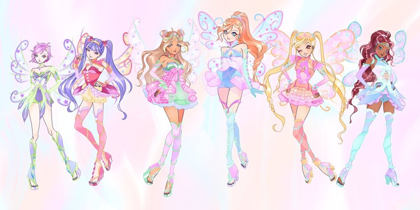 6+girls aisha_(winx_club) aqua_boots aqua_dress armlet asian asymmetrical_hair bad_id bad_twitter_id bare_shoulders black_lips blonde_hair bloom_(winx_club) blue_boots blue_dress blue_gloves blue_sleeves blue_wings blunt_bangs blunt_ends boots bow braid breasts brown_hair bubble_skirt chocofish cleavage closed_mouth clothing_cutout collared_dress colorful_background commentary cosmix dark-skinned_female dark_skin detached_sleeves double_bun dress enchantix english_commentary expressionless fairy fairy_wings fingerless_gloves fishnets floating flora_(winx_club) flower frilled_dress frilled_skirt frills full_body gloves gold_tiara gradient_boots green_sleeves hair_bun hair_flower hair_ornament hair_ribbon hair_tie hairclip halter_dress halterneck hand_on_own_hip hands_on_own_hips happy head_wreath high_collar high_heel_boots high_heels high_ponytail highres jewelry knee_boots knees lace lace-trimmed_dress lace_trim layered_dress leg_ribbon light_smile lipstick long_hair long_sleeves low-tied_long_hair magical_girl makeup messy_hair miniskirt multicolored_boots multicolored_hair multiple_braids multiple_girls musa_(winx_club) navel one_eye_closed open-toe_boots orange_dress orange_hair orange_theme partially_fingerless_gloves pink_boots pink_bow pink_dress pink_flower pink_hair pink_sleeves pink_wings plaid_clothes plaid_dress ponytail purple_boots purple_gloves purple_hair red_dress red_ribbon ribbon short_dress short_hair short_sleeves shot_down single_braid skirt sleeveless sleeveless_dress sleeves_past_wrists star_(symbol) star_hair_ornament stella_(winx_club) stirrup_footwear stomach_cutout strapless strapless_dress streaked_hair tecna_(winx_club) thigh_boots thighlet toes transparent_wings twin_braids two-tone_boots two-tone_hair v very_dark_skin very_long_hair wavy_hair white_wings wings winx_club yellow_ribbon yellow_skirt yellow_wings