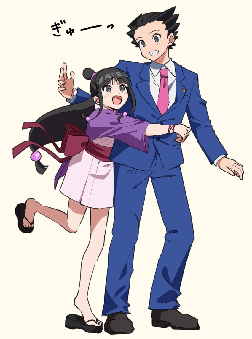 1boy 1girl ace_attorney black_hair blue_pants blue_suit collared_shirt commentary_request dot_nose formal_clothes grey_eyes highres hug long_hair low-tied_long_hair maka_gtsb maya_fey necktie pants phoenix_wright pink_necktie sandals shirt simple_background smile standing standing_on_one_leg suit teeth topknot translation_request white_background white_shirt