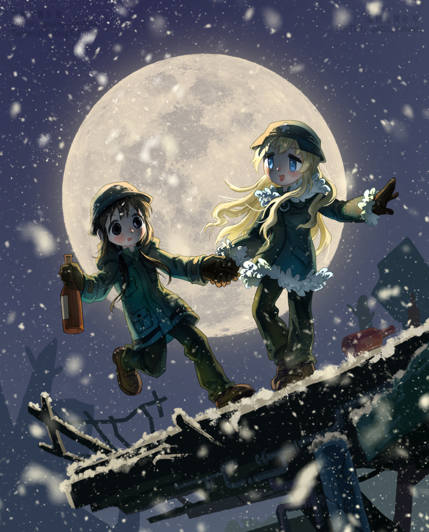 2girls black_eyes black_hair blonde_hair blush bottle brodie_helmet brown_footwear brown_gloves chito_(shoujo_shuumatsu_ryokou) coat combat_helmet drunk empty_bottle from_below full_moon fur_trim gilding-the-time gloves green_coat green_pants hand_grab helmet highres holding holding_bottle looking_at_another military_uniform moon multiple_girls night night_sky pants photo_inset ruins scrap_metal shoujo_shuumatsu_ryokou sky snowing stahlhelm standing standing_on_one_leg wine_bottle yuuri_(shoujo_shuumatsu_ryokou)