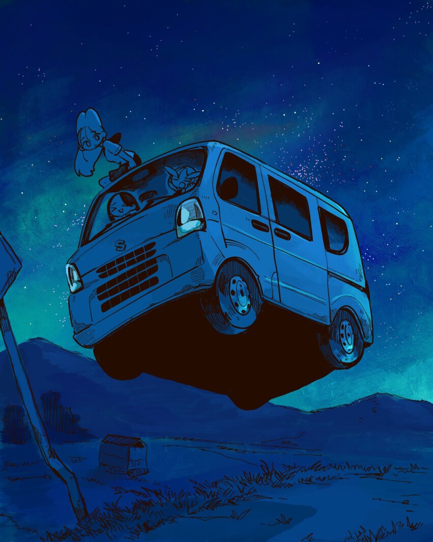 &gt;_&lt; 3girls :d dirt_road driving grass head_rest highres hill long_hair motor_vehicle multiple_girls night on_van open_mouth original outdoors road road_sign sign sitting skirt sky smile star_(sky) starry_sky suzuki_(company) urajirogashi van