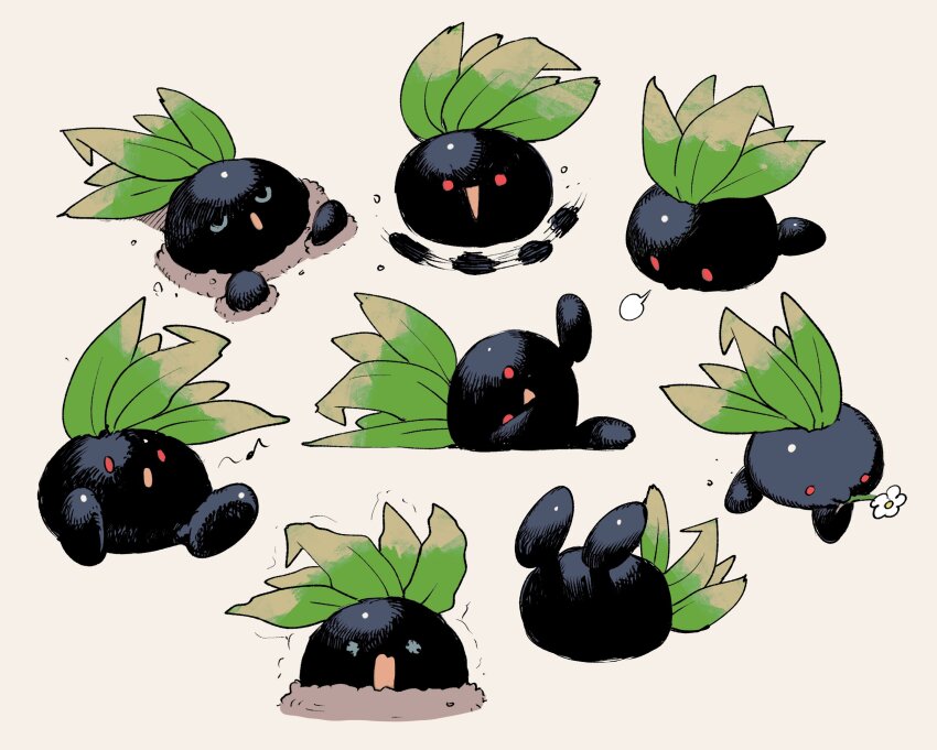 closed_eyes dirt flower game_freak gen_1_pokemon grey_background highres kunio-kun_series lying mouth_hold musical_note newo_(shinra-p) nintendo no_humans oddish on_side open_mouth pokemon pokemon_(creature) puff_of_air red_eyes simple_background sitting u_u white_flower