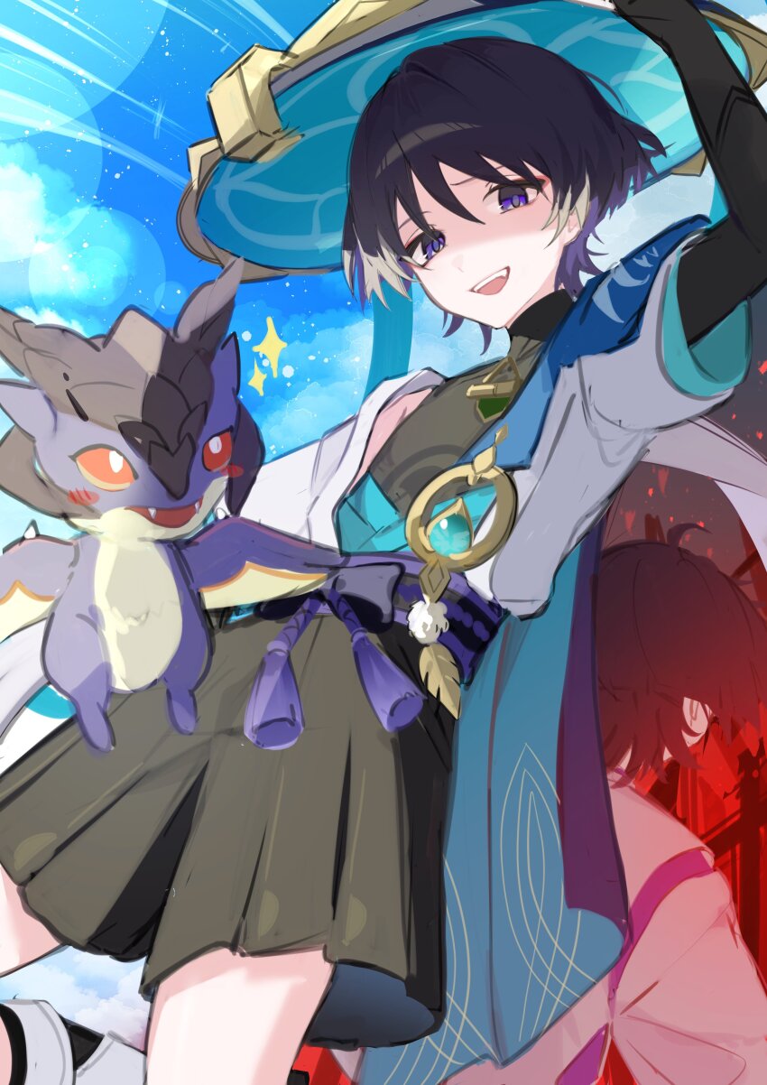 2boys absurdres anemo_symbol_(genshin_impact) aqua_gemstone arm_up armor armpit_crease belt black_belt black_bodysuit black_bow black_bridal_gauntlets black_hair black_leggings black_shorts blue_cape blue_hat blue_kimono blue_sky blue_sleeves blunt_ends bodysuit bow bridal_gauntlets cape clothing_cutout cloud cloudy_sky colored_inner_hair covered_collarbone dragon dual_persona eyeliner eyeshadow feathers genshin_impact gold hair_intakes hakama hakama_shorts han&#039;eri hat highres japanese_armor japanese_clothes jingasa kariginu kimono kote kurokote layered_kimono layered_sleeves leg_warmers leggings looking_at_viewer magnet_8_8 makeup mini_durin_(genshin_impact) multicolored_hair multiple_boys open_clothes open_kimono open_mouth pleated_shorts pom_pom_(clothes) purple_eyes purple_hair purple_rope purple_sash purple_sleeves raised_eyebrow red_eyeliner red_eyeshadow rope sash scaramouche_(genshin_impact) scaramouche_(kabukimono)_(genshin_impact) short_sleeves shorts shoulder_cutout shoulder_peek side_cutout sky small_dragon tassel teeth tsurime turtleneck turtleneck_bodysuit upper_teeth_only vision_(genshin_impact) wanderer_(genshin_impact) white_kimono white_leg_warmers white_sleeves white_trim yellow_feathers