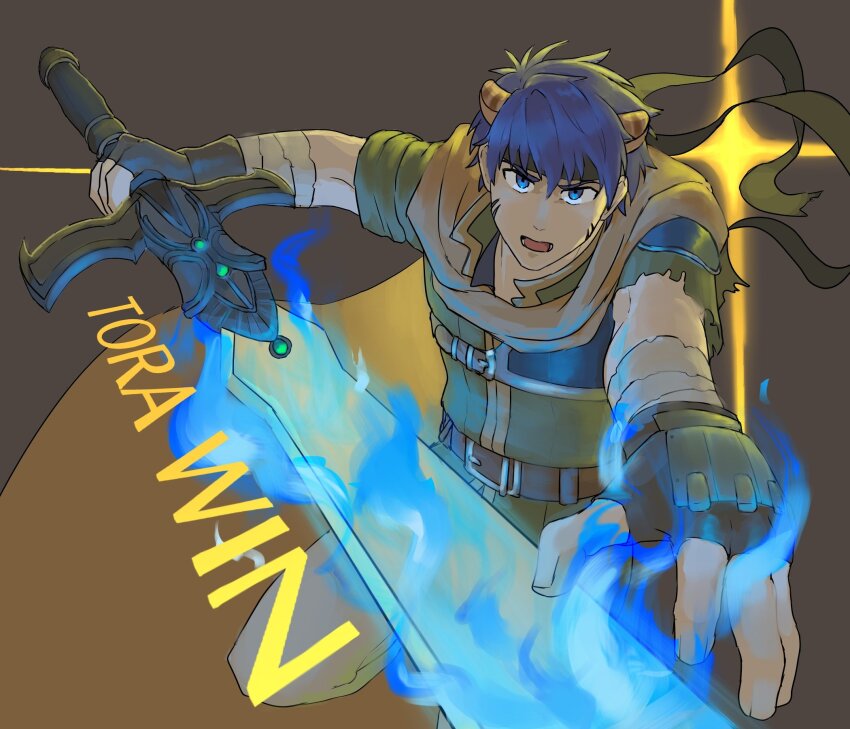 1boy blue_eyes blue_fire blue_hair cape fire fire_emblem fire_emblem:_path_of_radiance headband highres ike_(fire_emblem) looking_at_viewer male_focus nintendo open_mouth ragnell solo sword uni_purin_uni weapon