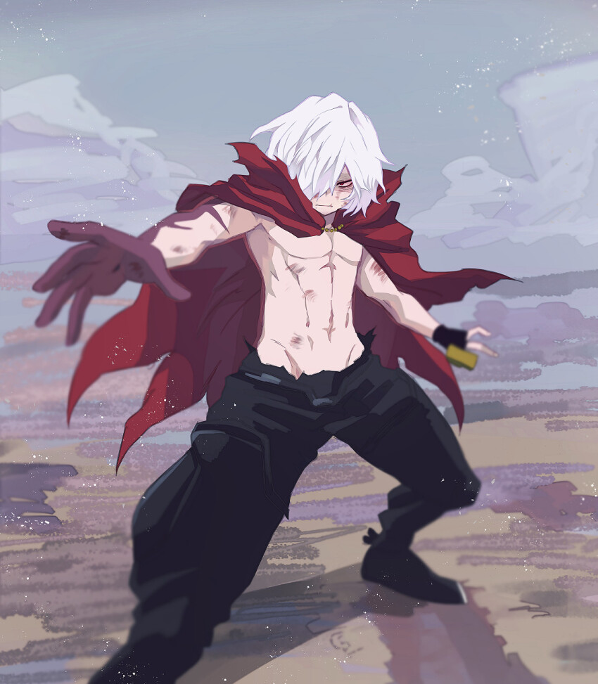 1boy anoko_(darenokoanoko) black_pants boku_no_hero_academia cape cloud cloudy_sky highres male_focus medium_hair outdoors pants prosthetic_fingers red_cape red_eyes scar scar_on_arm scar_on_face scar_on_hand shigaraki_tomura sky solo topless_male white_hair wrinkled_skin