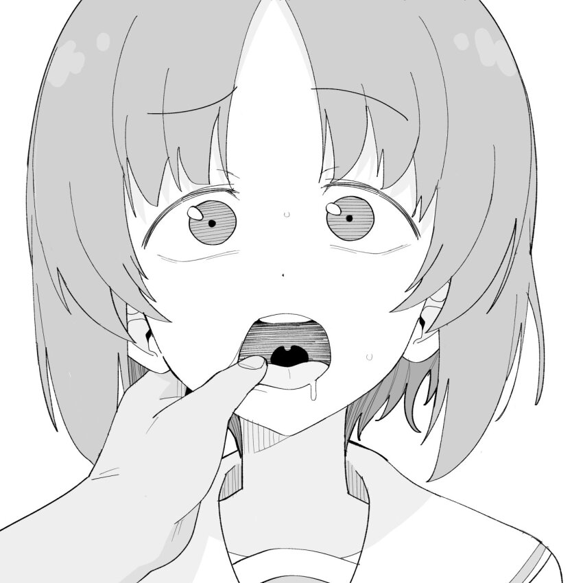 1boy 1girl bad_tag drooling finger_in_another&#039;s_mouth girls_und_panzer helmet henyaan_(oreizm) highres looking_at_viewer mouth_focus nishizumi_miho open_mouth sailor_collar school_uniform sexually_suggestive short_hair teeth tongue uvula