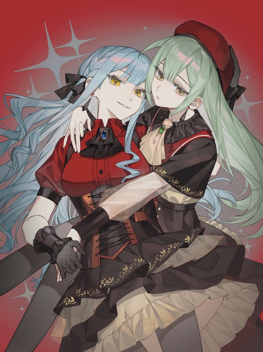 2girls absurdres ascot bang_dream! bang_dream!_it&#039;s_mygo!!!!! beret black_ascot black_capelet black_corset black_ribbon black_skirt black_wrist_cuffs blue_brooch blue_gemstone blue_hair braid breasts brooch buttons capelet chinese_commentary commentary_request commission corset cowboy_shot curly_sidelocks dotted_background earrings expressionless fishnet_gloves fishnets frilled_wrist_cuffs frills fu_er_ma_lin gem gloves green_brooch green_gemstone green_hair grey_gloves grey_pantyhose grin hair_ribbon halftone hand_on_another&#039;s_headwear hand_on_another&#039;s_shoulder hand_on_headwear hat highres holding_hands invisible_chair jewelry layered_skirt long_hair long_sidelocks long_sleeves looking_at_viewer lying lying_on_person medium_breasts mihuashi_commission mortis_(bang_dream!) mortis_(costume)_(bang_dream!) multiple_girls oblivionis_(bang_dream!) on_back pantyhose parted_lips puffy_short_sleeves puffy_sleeves red_background red_hat red_shirt red_shorts ribbon second-party_source see-through_clothes see-through_skirt see-through_sleeves shirt short_sleeves shorts sidelocks sitting skirt sleeve_cuffs smile sparkle_background straight_hair togawa_sakiko two_side_up underbust wakaba_mutsumi white_skirt wrist_cuffs yellow_eyes yuri