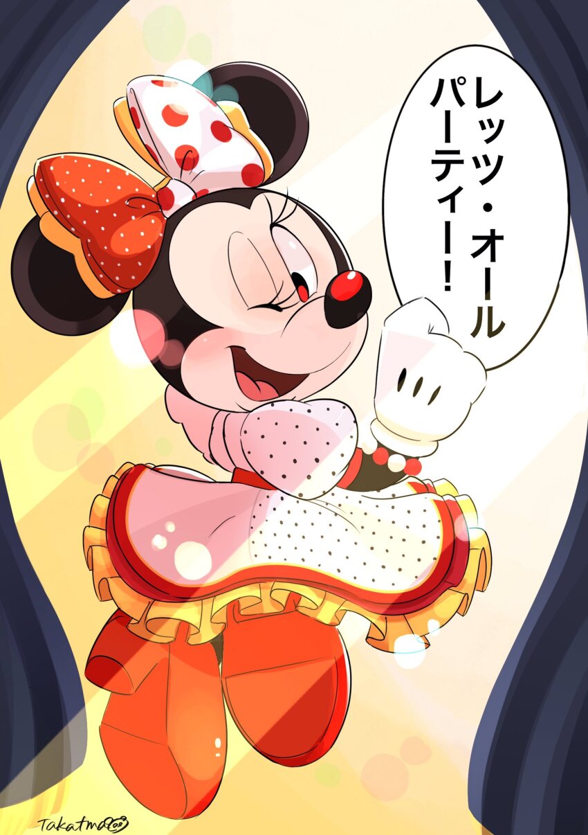 1girl animal_ears bow dress furry furry_female gloves hair_bow highres looking_at_viewer mickey_mouse_&amp;_friends minnie_mouse mouse_ears mouse_girl mouse_tail one_eye_closed open_mouth polka_dot polka_dot_bow polka_dot_dress polka_dot_skirt skirt smile tail takatmaorange translation_request white_gloves