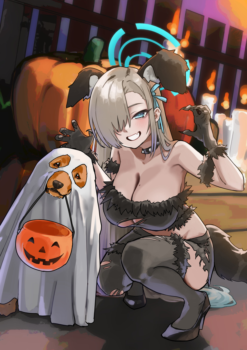 1girl 1other amanattou_shigure animal_collar animal_ears asuna_(blue_archive) bare_shoulders black_shirt black_shoes black_skirt black_thighhighs blonde_hair blue_archive blue_eyes blue_halo blush breasts choker claw_pose cleavage collar collarbone dog dog_ears dog_tail fake_animal_ears fake_tail fang fur-trimmed_gloves fur-trimmed_shirt fur-trimmed_thighhighs fur_trim ghost_costume gloves grin groin hair_over_one_eye halloween halloween_bucket halo highres large_breasts long_hair looking_at_viewer mole mole_on_breast off-shoulder_shirt off_shoulder sheet_ghost shirt shoes skin_fang skirt smile spiked_choker spikes squatting tail thighhighs thighs torn_clothes torn_shirt torn_thighhighs very_long_hair