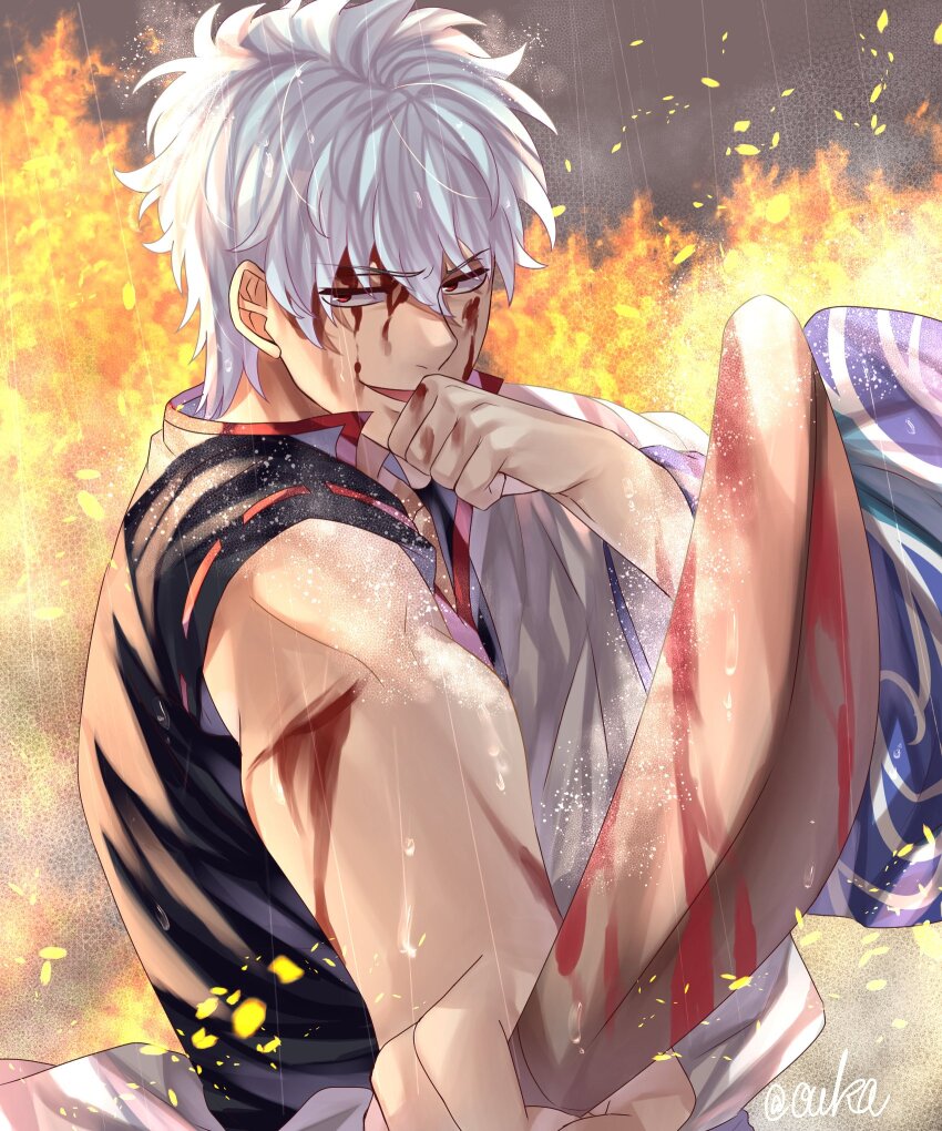 1boy black_shirt blood blood_on_face bloody_weapon bokken commentary commentary_request fire gintama hadanugi_dousa hair_between_eyes highres holding holding_sword holding_weapon injury japanese_clothes kimono long_sleeves looking_at_viewer male_focus open_clothes open_kimono oukasakata red_eyes sakata_gintoki shirt short_sleeves smile solo sword upper_body weapon white_kimono wooden_sword