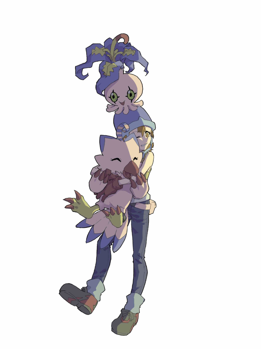 1girl beak blue_pants brown_eyes brown_gloves brown_hair claws closed_eyes digimon digimon_(creature) digimon_adventure gloves hat highres one_eye_closed pants piyomon pyocomon shoes short_hair simple_background takenouchi_sora white_background yinraysora