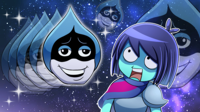 1boy 1other antenna_hair armor bags_under_eyes black_eyes black_hair blue_skin breastplate colored_skin commentary_request constricted_pupils deltarune highres kris_(deltarune) kusaremix lancer_(deltarune) open_mouth pauldrons short_hair shoulder_armor single_pauldron sky space star_(sky) starry_sky surprised upper_body