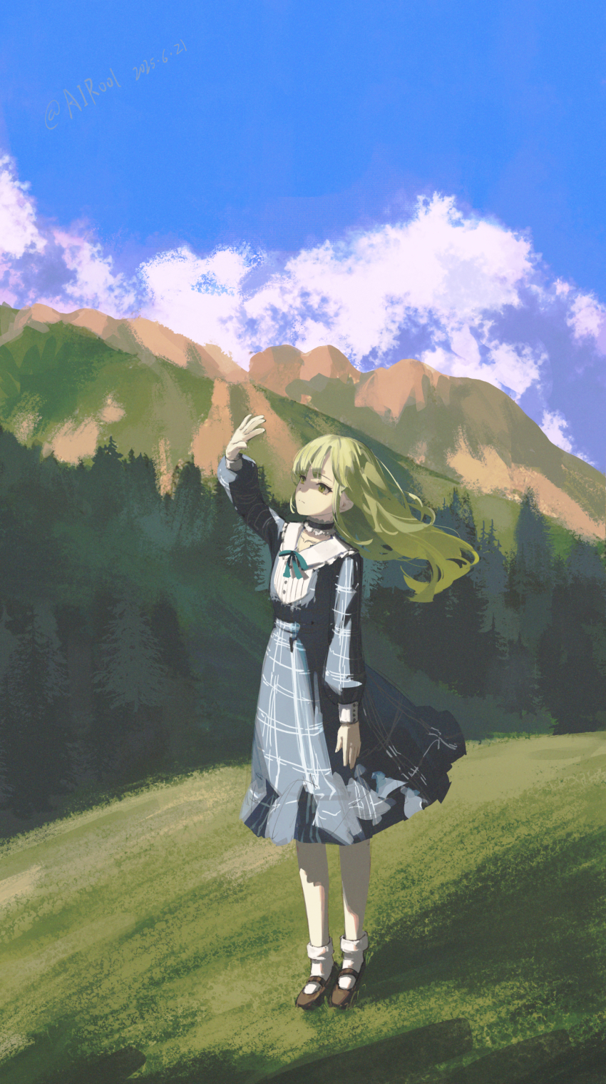 1girl absurdres airool arm_up bang_dream! bang_dream!_it&#039;s_mygo!!!!! black_choker blue_dress chinese_commentary choker cloud collarbone commentary commentary_request day dress english_commentary floating_hair frilled_choker frilled_shirt_collar frills grass green_eyes green_hair green_ribbon highres hill long_dress long_hair long_sleeves looking_ahead mary_janes mixed-language_commentary neck_ribbon outdoors partial_commentary plaid_clothes puffy_long_sleeves puffy_sleeves ribbon shadow shoes sky socks solo standing tree wakaba_mutsumi white_sleeve_cuffs white_socks wide_shot
