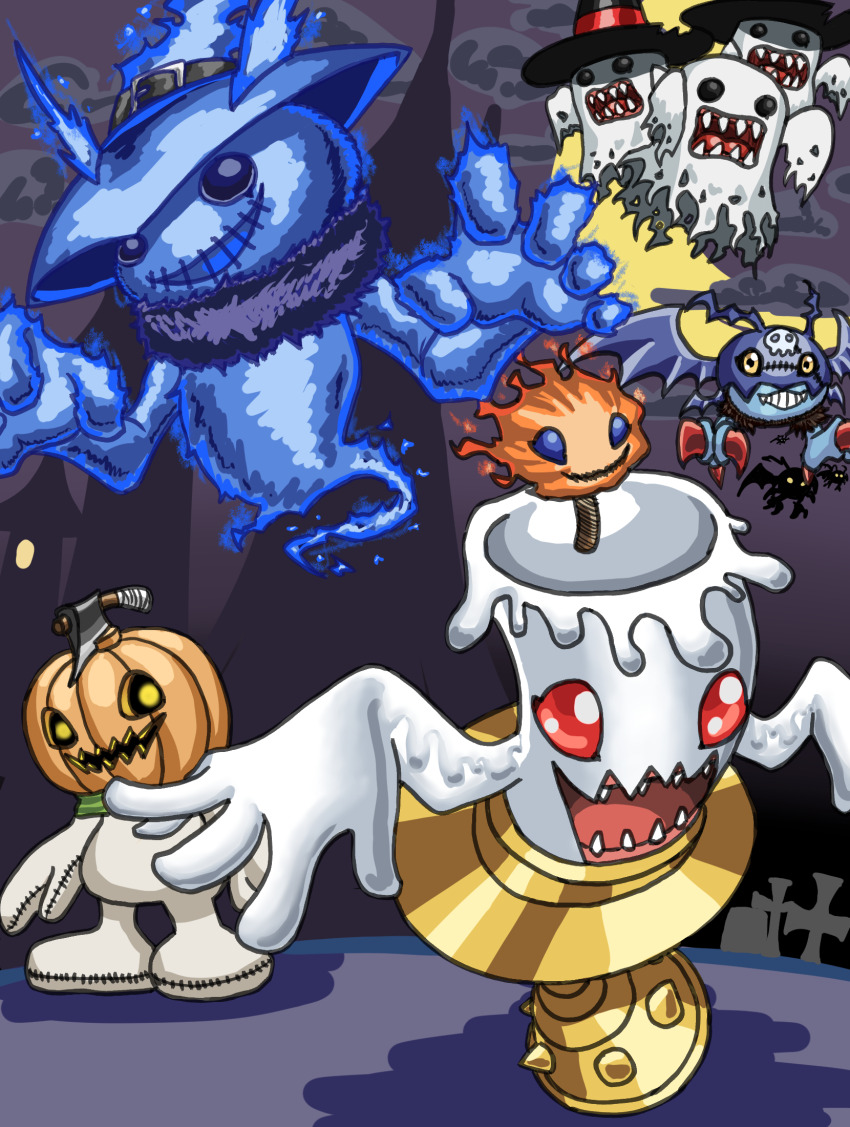 bakemon blue_fire candmon claws digimon digimon_(creature) fire ghostmon highres picodevimon pumpmon red_eyes soulmon wings yellow_eyes