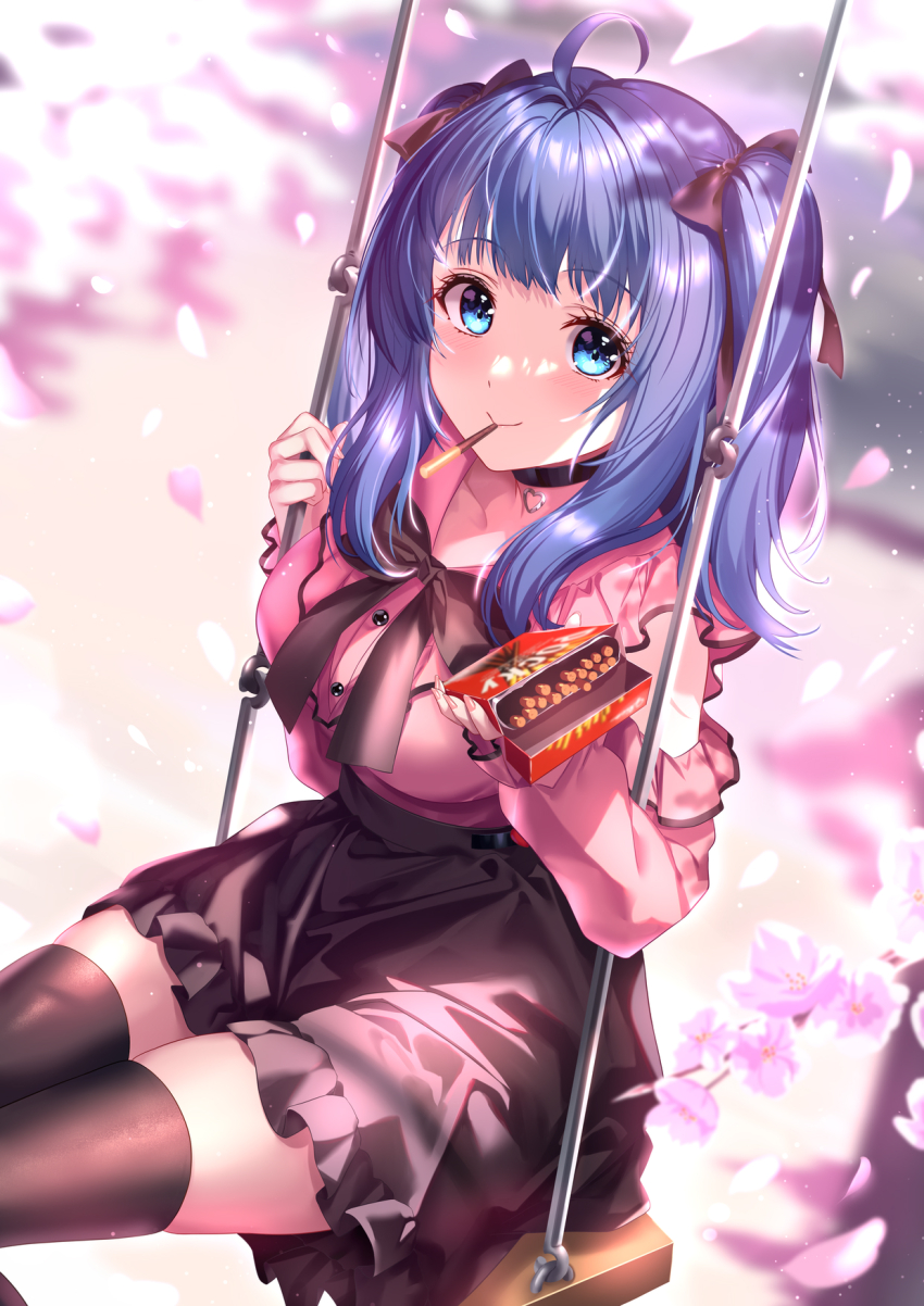 1girl ahoge arm_cutout black_bow black_bowtie black_choker black_skirt black_thighhighs blue_eyes blue_hair bow bowtie box breasts cherry_blossoms choker falling_petals feet_out_of_frame food food_in_mouth frilled_shirt frilled_skirt frills hair_bow heart heart_choker highres holding holding_box jirai_kei large_breasts ldfe_mk2 long_sleeves looking_at_viewer make_heroine_ga_oo_sugiru! medium_hair official_alternate_costume on_swing outdoors petals pink_shirt pocky pocky_in_mouth shirt sitting skirt solo swing swing_set thighhighs twintails yanami_anna zettai_ryouiki