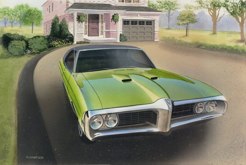2024 artist_name bush car green_car house motor_vehicle muscle_car no_humans norb_lisinski original outdoors painting_(medium) pontiac pontiac_lemans shadow traditional_media tree vehicle_focus