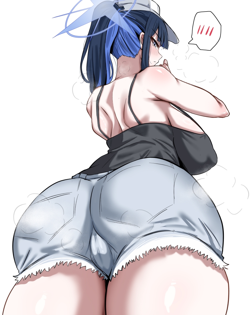 1girl absurdres ass back baseball_cap black_camisole black_hair blue_archive blue_eyes blue_hair blue_halo blunt_bangs breasts camisole closed_mouth commentary_request denim denim_shorts grey_shorts halo hat highres large_breasts long_hair looking_at_viewer multicolored_hair ponytail saori_(blue_archive) saori_(swimsuit)_(blue_archive) short_shorts shorts shoulder_blades sidelocks simple_background solo standing trefoil two-tone_hair white_background woo_(woosan)