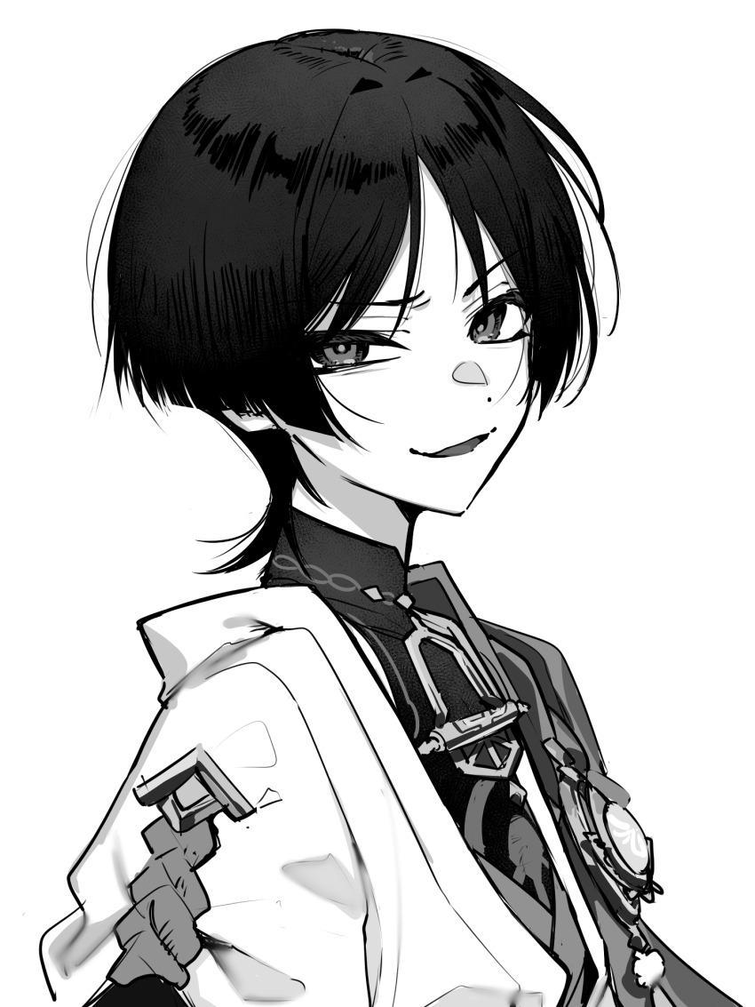 1boy blunt_ends bodysuit buku2_suisou genshin_impact highres japanese_clothes kimono layered_clothes layered_kimono looking_at_viewer male_focus mandarin_collar monochrome open_clothes open_kimono parted_bangs parted_lips raised_eyebrow rope scaramouche_(genshin_impact) short_sleeves smirk solo upper_body vision_(genshin_impact) wanderer_(genshin_impact) white_background