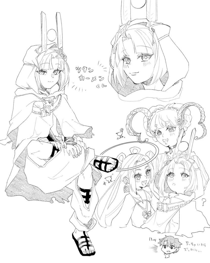 1girl 3boys ? ahoge ear_piercing fate/grand_order fate_(series) fujimaru_ritsuka_(male) halo highres hood horns invisible_chair larva_tiamat_(fate) long_hair monochrome multiple_boys piercing pointy_ears sandals sitting smile taisui_xingjun_(fate) tiamat_(fate) tutankhamun_(fate) tutankhamun_(first_ascension)_(fate) yutsuki_(pixiv40202660)