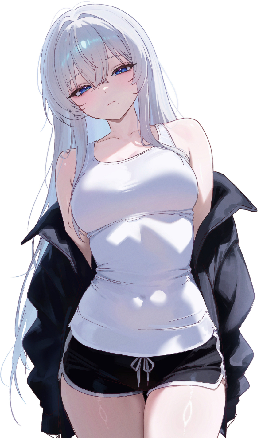 1girl absurdres black_jacket black_shorts blue_eyes breasts cowboy_shot dolphin_shorts highres jacket long_hair medium_breasts mumu_muw off_shoulder open_clothes open_jacket original shorts simple_background solo tank_top white_background white_hair white_tank_top